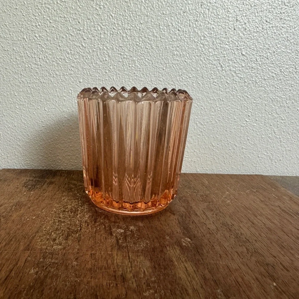 Vintage Clear Pink Ribbed Tea Light Candle Holder Q-Tip Holder Vanity‎ Organizer